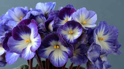 Beautiful saintpaulia flowers in vibrant shades of purple blooming together in a focused arrangement