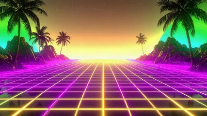 Vibrant neon grid and silhouette palm trees under gradient sky. - Powered by Adobe