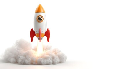 Rocket taking off on a white background. 3D rendering. Start-up concept. Copy space. toy spaceship.
