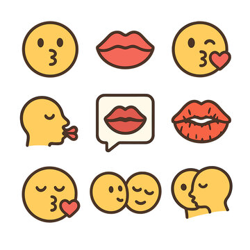 Kissing Icons Grid. Flat icon set of kissing & smooch: kissy face, puckered lips, heart kiss, close-mouth kiss