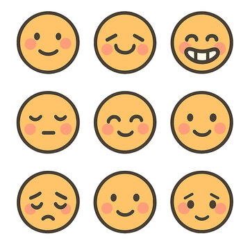 Blushing Faces Icons. Flat icon set of blushing faces: blush cheeks, shy smile, bashful eyes, embarrassed grin