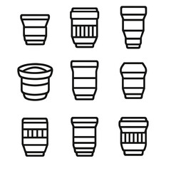 Camera Lens Icons. Outline icon set of camera lenses: prime lens, zoom lens, telephoto lens, wide-angle lens,