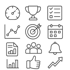 Team KPI Icons. Outline icon set of team KPIs: gauge meter, trophy icon, checklist, bar chart, line graph,