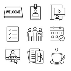 Employee Onboarding Icons. Outline icon set of employee onboarding: welcome mat, ID badge, orientation guide,
