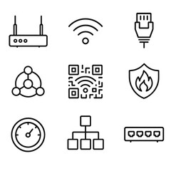 Network Icons Grid. Outline icon set of network and Wi-Fi: router, modem, Wi-Fi signal, ethernet cable, mesh