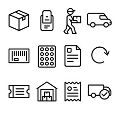 Gear Shipping Icons. Outline icon set of shipping and returns of gear: shipping box, label, courier, pickup,