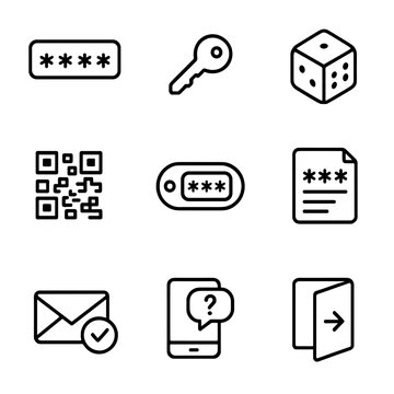 Password Security Icons. Outline icon set of VPN and security: VPN key, lock shield, fingerprint, face ID, 2FA