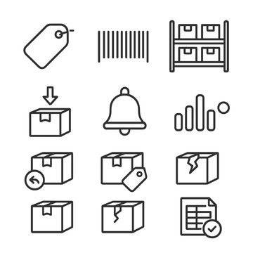 Inventory Icons Grid. Outline icon set of inventory management: SKU tag, barcode, shelf, inbound box, outbound
