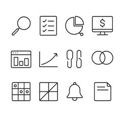 Competitor Analysis Icons. Outline icon set of competitor analysis: spyglass, competitor list, share of voice,