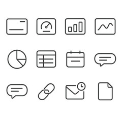 Иконки аналитических панелей. Outline icon set of reporting dashboards: KPI card, scorecard, bar chart, line