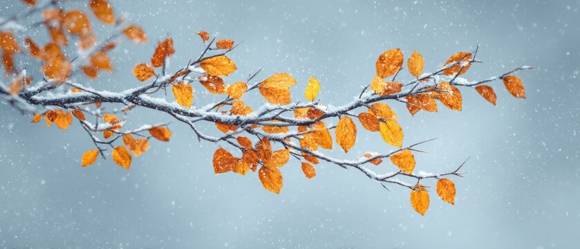 The delicate art of seasons: autumn's finale under a blanket of snow. Visual identity. Vivid orange leaves on a snow-dusted branch against a twilight sky. Branding asset. Hero shot.