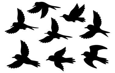 Flying birds silhouettes vector icon collection set for nature illustration, symbolic artwork, logo, print and surface design.