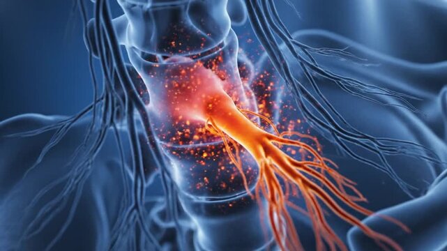 Detailed 3D Medical Animation of a Pinched Nerve in the Human Neck and Spine.