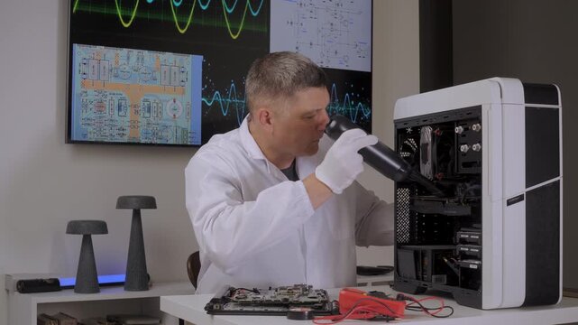 An engineer checks computer components in a modern laboratory, while a technician in a white coat inspects desktop computer parts under bright lights using diagrams on screens.