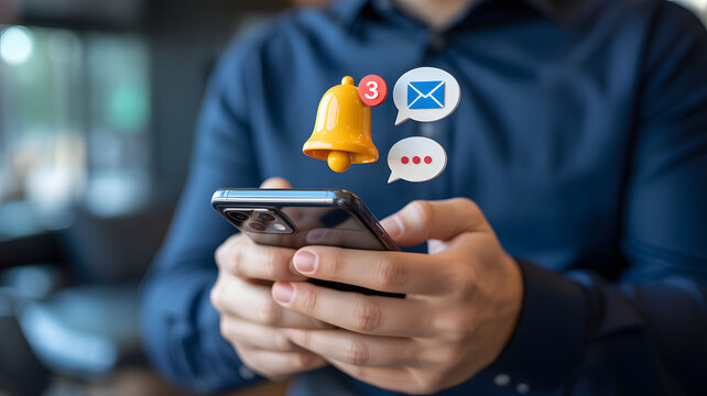 Businessman checking urgent notifications on smartphone, email and chat alerts pop up visually - Powered by Adobe