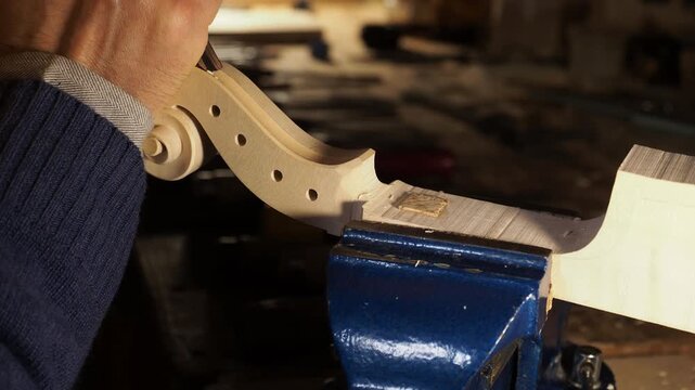 A luthier carefully carves the violin scroll held in a vise, refining the volute and pegbox with a chisel, following traditional violin-making steps of shaping, fluting, and precision craftsmanship.