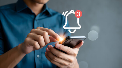 Man uses smartphone receiving important notification alerts on digital screen