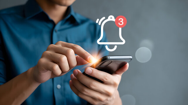 Man uses smartphone receiving important notification alerts on digital screen