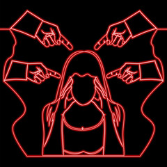 Young woman holding her head while several fingers point at her symbolizing stress and blame icon neon glow vector illustration concept