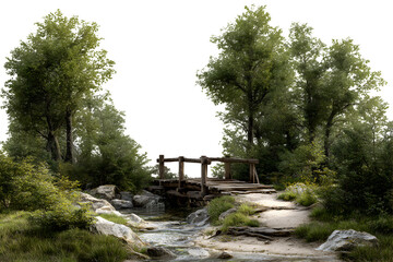 Fototapeta premium Wooden bridge crossing a forest stream surrounded by trees, isolated on transparent background
