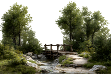 Wooden bridge crossing a forest stream surrounded by trees, isolated on transparent background
