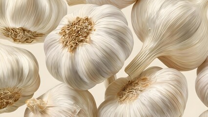 Several garlic bulbs with dry papery skins. Concept Garlic bulbs, Dry papery skins, Rustic kitchen decor, Close-up food photography, Harvest produce