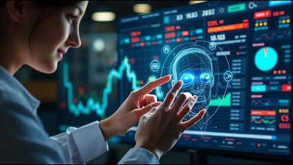 A woman interacts with a digital interface displaying financial data and a holographic representation of a human head with glowing eyes. - Powered by Adobe