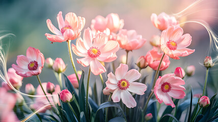 Obraz premium A beautiful closeup of pink cosmos flowers in a garden, with soft lighting and a dreamy atmosphere, creating a sense of peace and tranquility in nature