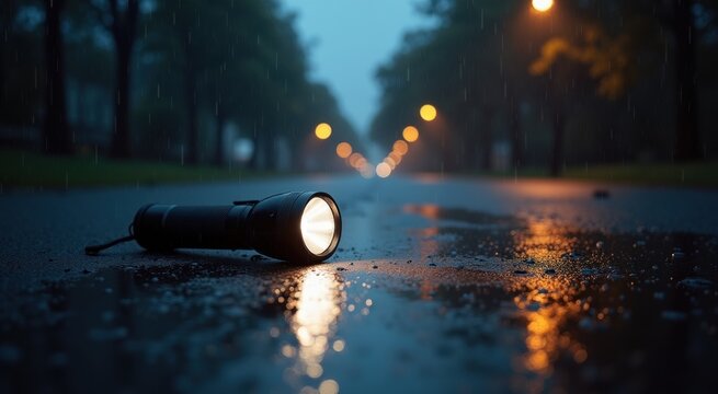 Emergency flashlight that on the ground in the rain