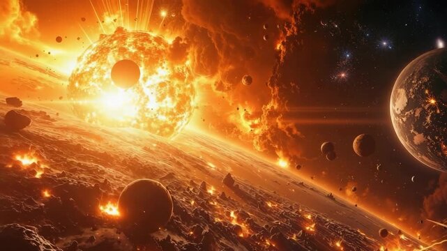 Space catastrophe destroying planets and universe with nova explosion.