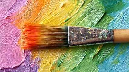Fototapeta premium Close-up of a paintbrush spreading rainbow acrylics, leaving bold color streaks across a textured surface. Concept Rainbow acrylics, Close-up brushwork, Textured surface art, Bold color streaks