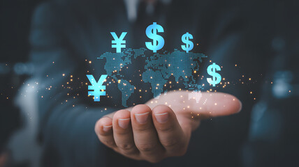 Global finance currency symbols float above digital world map held in hand