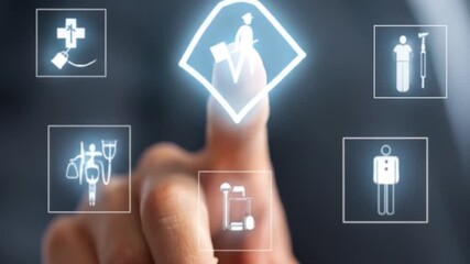 Finger touching healthcare interface with medical icons for concept design - Powered by Adobe