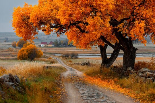 The golden pathway: an autumnal alley of birch trees and frosted fields. Provocative poses. A hoarfrost-touched birch corridor: the golden road to tranquility. Artistic distortion.