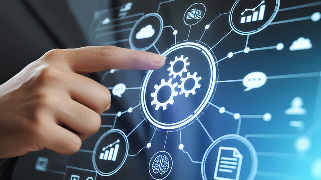 Professional interacting with futuristic digital interface displaying gears, charts, and cloud technology for business growth.