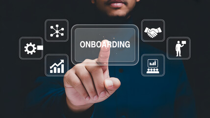 Professional onboarding process engages new hires with interactive digital interface and success icons