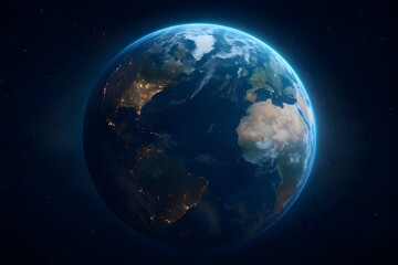 Obraz premium Stunning view of planet Earth from space, clearly showing the Atlantic Ocean, African and South American continents, with visible city lights at night
