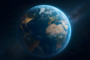 Obraz premium Stunning view of planet Earth from space, clearly showing the Atlantic Ocean, African and South American continents, with visible city lights at night