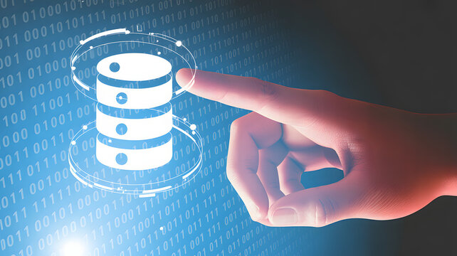 Confident hand interacts with futuristic database system, visualizing data management and connectivity