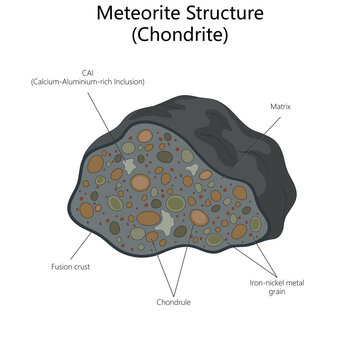 chondrite meteorite showing internal structure including chondrules, metal grains, matrix, fusion crust, and calcium-rich inclusions diagram hand drawn schematic raster. Science educational