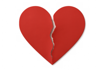 Red paper heart ripping in half, representing heartbreak, love problems, separation, and emotional pain. Transparent background