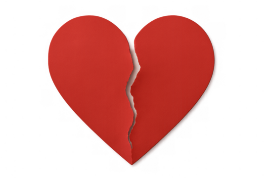 Red paper heart ripping in half, representing heartbreak, love problems, separation, and emotional pain. Transparent background