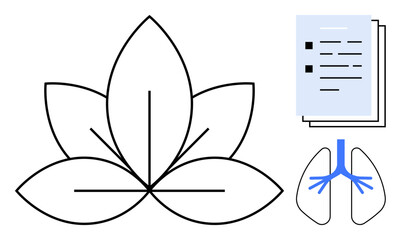 Lotus flower outline symbolizing balance, lung graphic representing health, and documents reflecting knowledge. Ideal for health, wellness, mindfulness, balance, medicine, education self-care