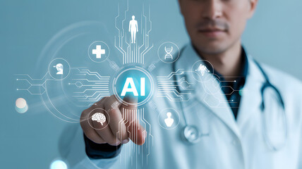 Doctor interacts with glowing AI medical interface showcasing futuristic healthcare innovation