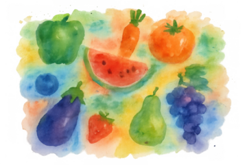 Watercolor painting showcasing healthy fruits and vegetables from different food groups on a lively background