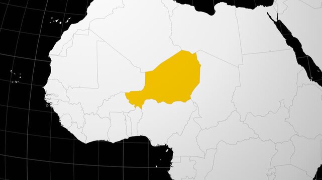 Niger map. Animated zoom into the country on the Globe in Black White color palette. Country logo animation. Map with meridians, parallels. Vibrant video.