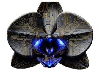 Futuristic orchid with circuit board pattern isolated on transparent background