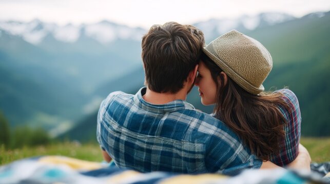 Amidst stunning mountain scenery, a couple shares a tender embrace, lost in their own world. The sunset casts warm colors, reflecting their love and serenity in nature