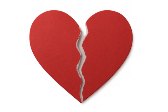Red paper heart torn in half, symbolizing heartbreak, separation, and a broken relationship, on transparent background