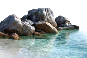 Granite rock beach with clear shallow water and sunlight reflections, isolated on transparent background
